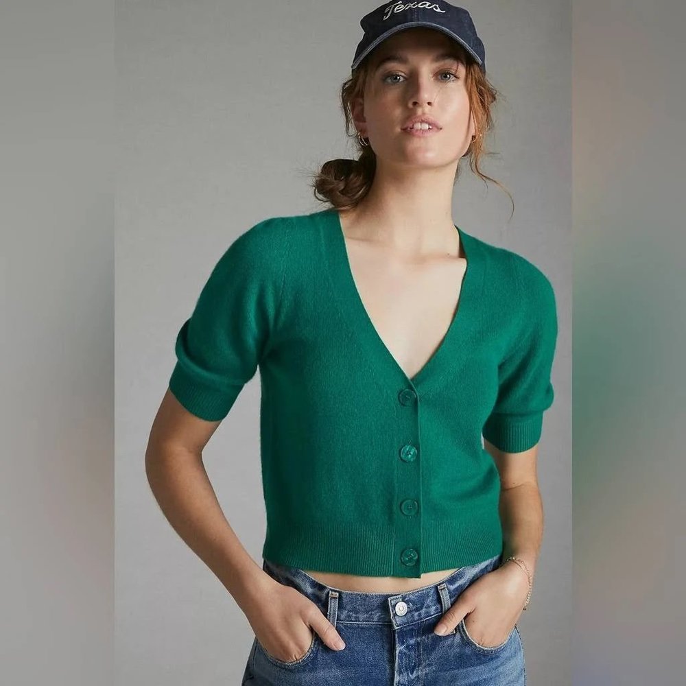 Maeve Anthropologie Beth Puff-Sleeved Cashmere Cardigan Green Crop Medium